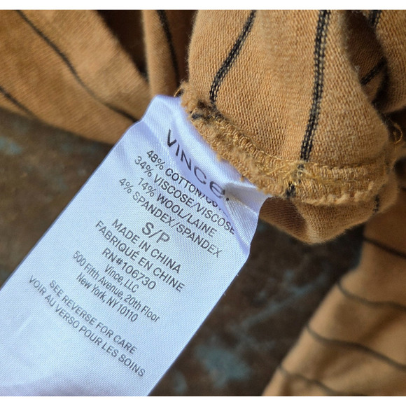 Vince Striped Long Sleeve Top Size S Cotton Wool Blend Mustard Yellow Black - Picture 4 of 5